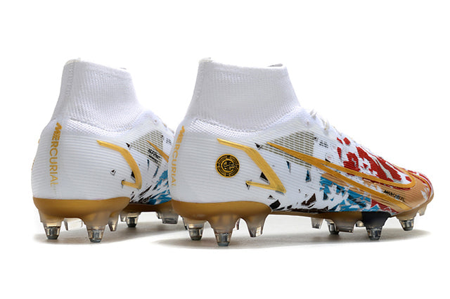 Nike Mercurial Superfly VIII Elite SG-PRO Anti-Clog Turf Soccer Cleat White/Gold - Cano Alto