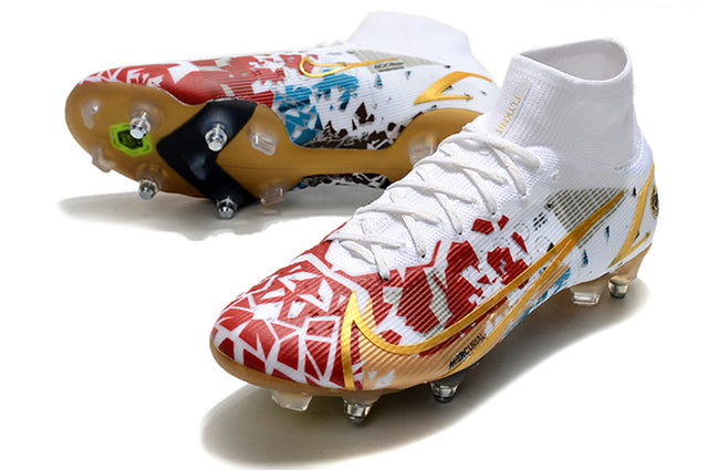 Nike Mercurial Superfly VIII Elite SG-PRO Anti-Clog Turf Soccer Cleat White/Gold - Cano Alto